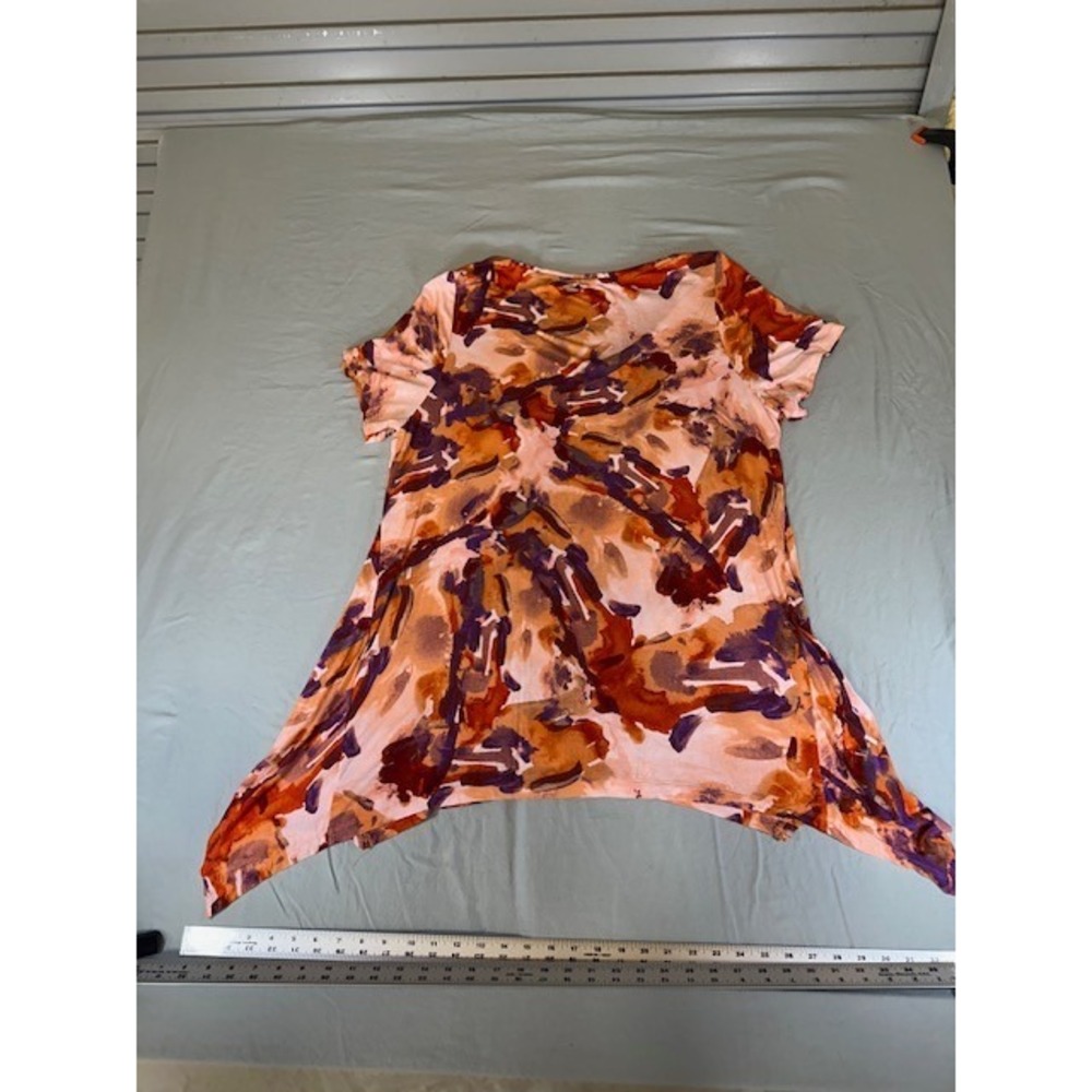 L LOGO Lori GOLDSTEIN TUNIC SHARK BITE BROWN PURPLE RED TOP WITH POCKETS - Picture 3 of 4
